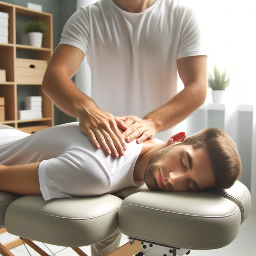 Photo of a peaceful chiropractic clinic setting, with a chiropractor gently performing an adjustment on a relaxed patient who seems to be in a state of bliss.