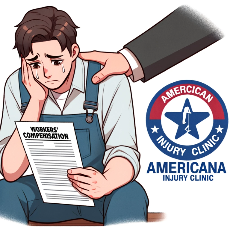 Illustration of an anxious worker holding a workers' compensation notice, with a comforting hand on their shoulder, and Americana Injury Clinic logo in the corner.
