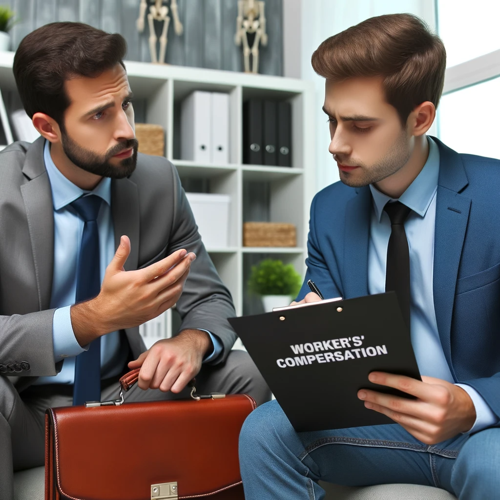 Photo of a professional yet casual setting where a concerned employee is discussing workers' compensation rights with an expert from Americana Injury Clinic.