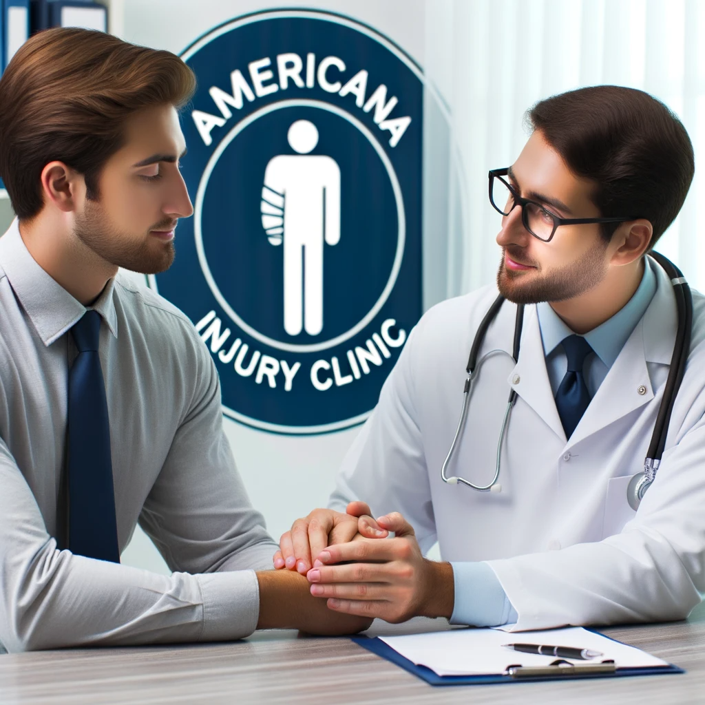 A professional yet compassionate doctor from Americana Injury Clinic consulting with a patient who has workplace injuries. The clinic's logo is subtly placed in the background, symbolizing their unwavering support.