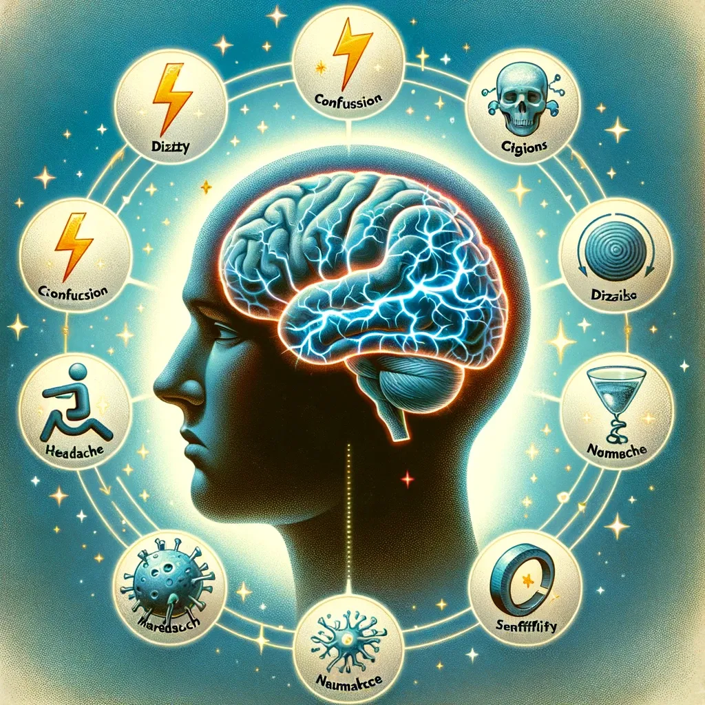 A conceptual illustration for a blog post about concussions. The image should depict a human brain with visible signs indicating a concussion, such as subtle cracks or lightning-like patterns. Surrounding the brain, there should be five symbolic icons or images representing the key symptoms of a concussion, such as dizziness, confusion, headache, nausea, and sensitivity to light. The style should be a blend of realistic and symbolic, with a focus on clarity and educational value.