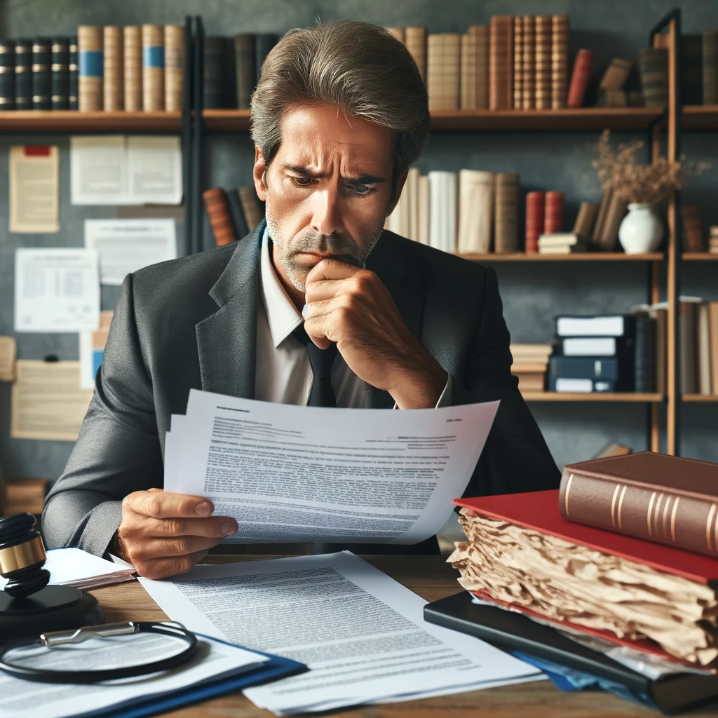 A concerned individual reading a complex workers' compensation document, surrounded by legal books and medical reports. The setting is a home office, reflecting a mix of determination and worry. The individual is middle-aged, Caucasian, and appears thoughtful yet burdened by the complexities of the situation.