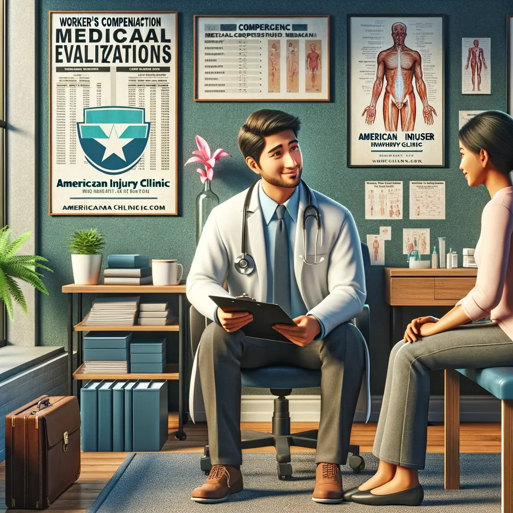 A professional and welcoming medical office setting in Houston, Texas, symbolizing worker's compensation medical evaluations. The scene includes a friendly doctor consulting with a patient, medical charts, and posters related to worker's compensation and healthcare services. The atmosphere is comforting and reassuring, reflecting the supportive nature of Americana Injury Clinic. The clinic's slogans are subtly displayed in the background. The image conveys trust, expertise, and a patient-centered approach. Include diverse representations: the doctor is South Asian male, and the patient is a Hispanic female.