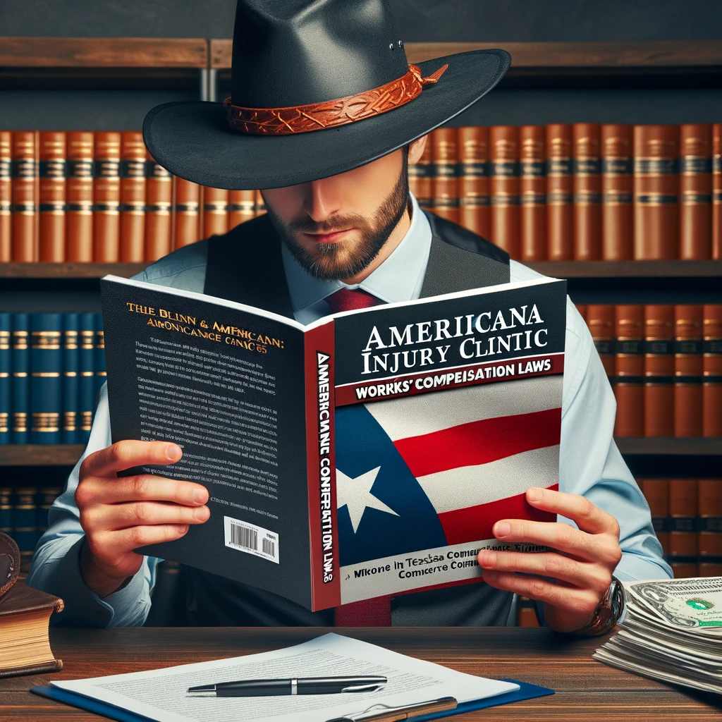A professional yet inviting image showcasing a Texas employer reading a guide on workers' compensation laws, with Americana Injury Clinic's brochure visible, emphasizing the blend of legal compliance and healthcare support.