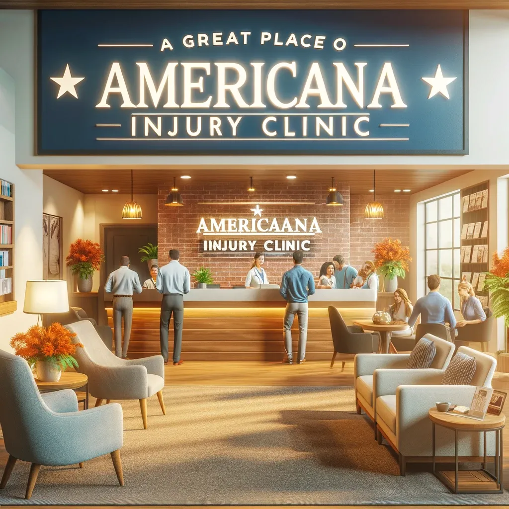 A warm and inviting healthcare clinic reception area with a welcoming atmosphere, symbolizing the Americana Injury Clinic in Houston. The scene includes comfortable seating, friendly staff, informative brochures about workers' compensation and accident injury care, and a clean, well-lit environment. The clinic's slogan, 'A Great Place For Injury Recovery!' is displayed prominently.