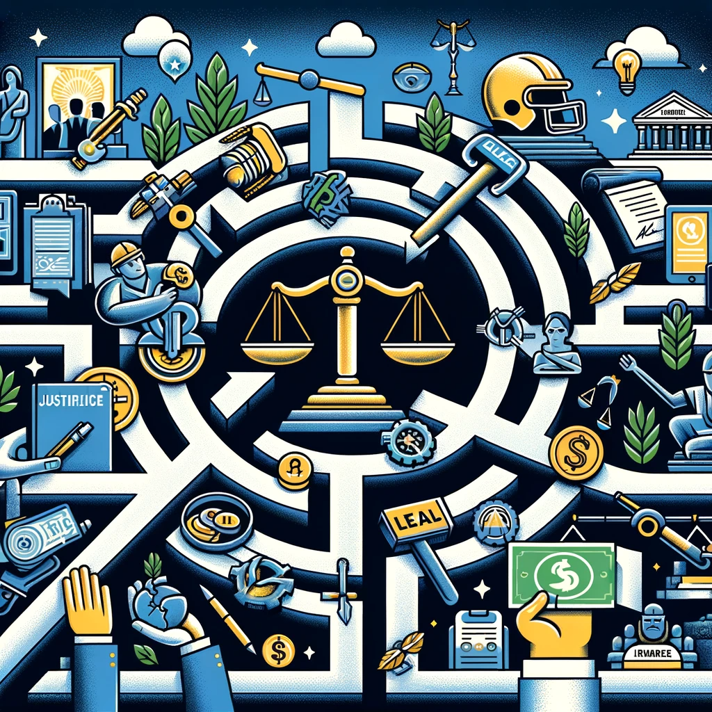An illustration depicting a maze with various elements representing the complexities of workers' compensation, such as insurance adjusters, legal battles, and ethical dilemmas, leading to a symbol of justice.