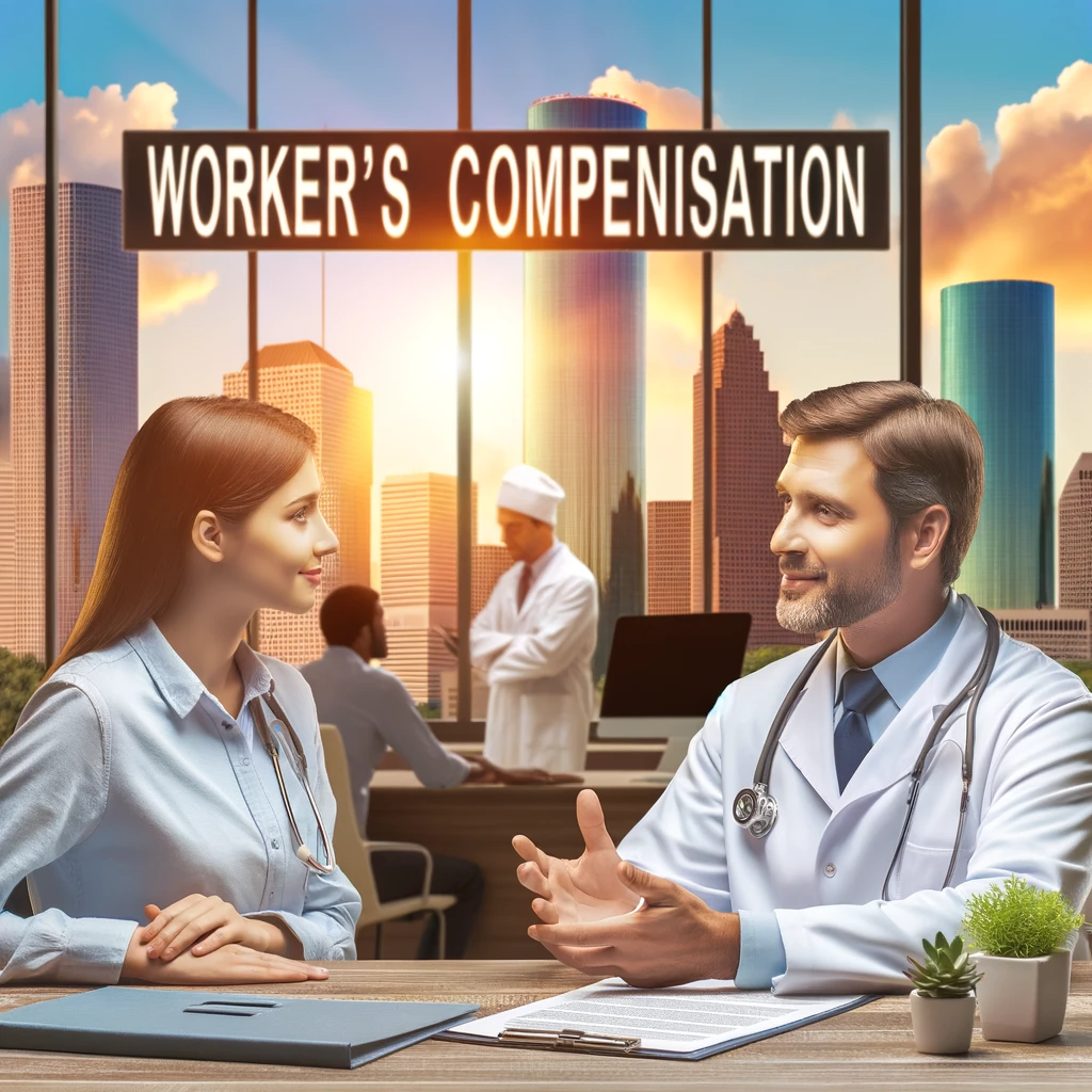 An informative and engaging image depicting a doctor in a clinic with a backdrop of Houston, Texas, discussing workers' compensation with an employee. The setting should be professional and comforting, highlighting the theme of medical support and legal guidance for workplace injuries.
