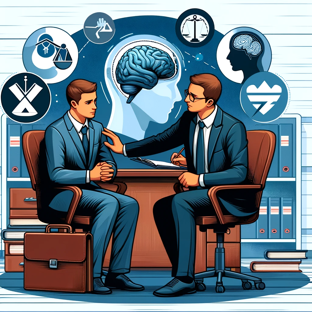 Depict a professional and compassionate legal consultation setting, highlighting a supportive attorney discussing a head injury case with a client. Include imagery of legal documents, a comforting office environment, and symbols representing brain injury awareness.