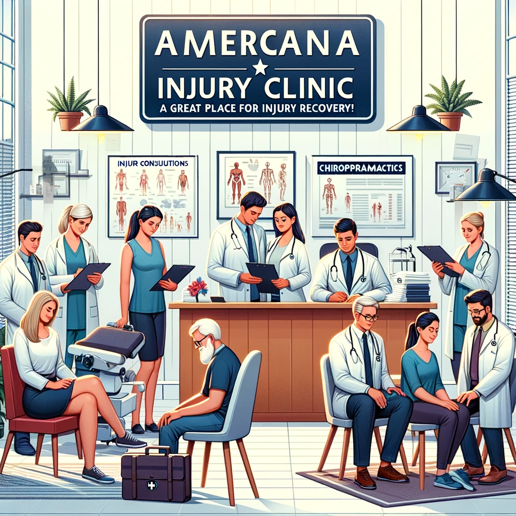 A comforting and professional setting at a clinic, with a diverse group of healthcare professionals (doctors, chiropractors, nurses) attending to patients, showcasing various services like injury consultations, chiropractic adjustments, and filling out paperwork. The scene should reflect a warm, welcoming atmosphere with a sign displaying "Americana Injury Clinic - A Great Place For Injury Recovery!" in the background. Include elements indicating the clinic's focus on Workers' Compensation cases and injury recovery.