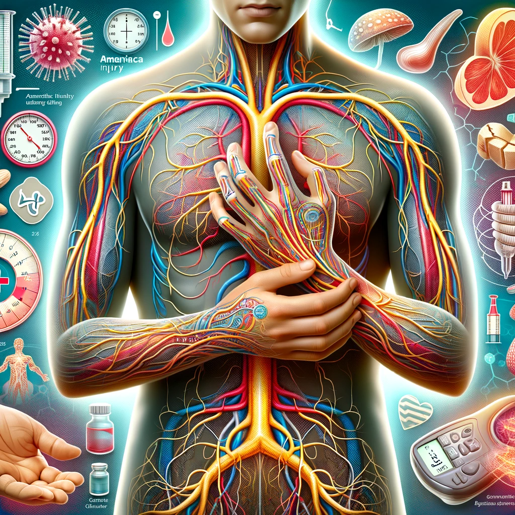 A detailed, colorful illustration of a network of nerves highlighting diabetic neuropathy areas in the human body, with a focus on the hands and feet, set against a medical and healthcare-themed background, including elements like a glucose meter, healthy lifestyle symbols, and the Americana Injury Clinic logo subtly integrated.