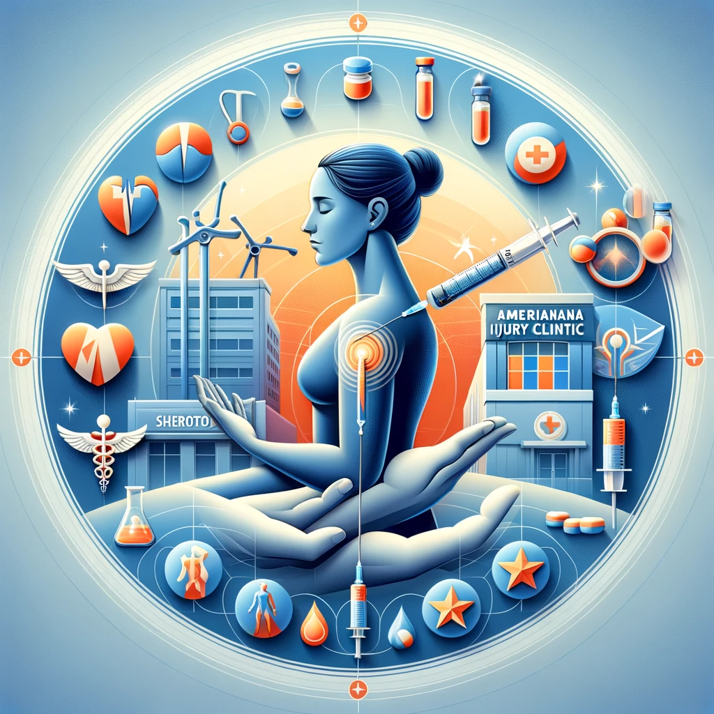 A soothing and professional illustration depicting the concept of pain relief and recovery through caudal steroid injections, with symbolic elements representing the compassionate care and expert treatment provided by Americana Injury Clinic.