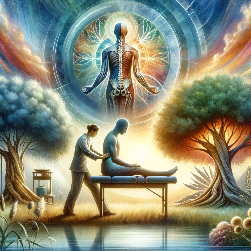 An artistic depiction of a serene and harmonious environment, symbolizing the tranquility and balance achieved through chiropractic adjustments. Include imagery of a calm individual receiving a gentle, healing spinal adjustment by a professional chiropractor, set against a backdrop of a peaceful wellness clinic.