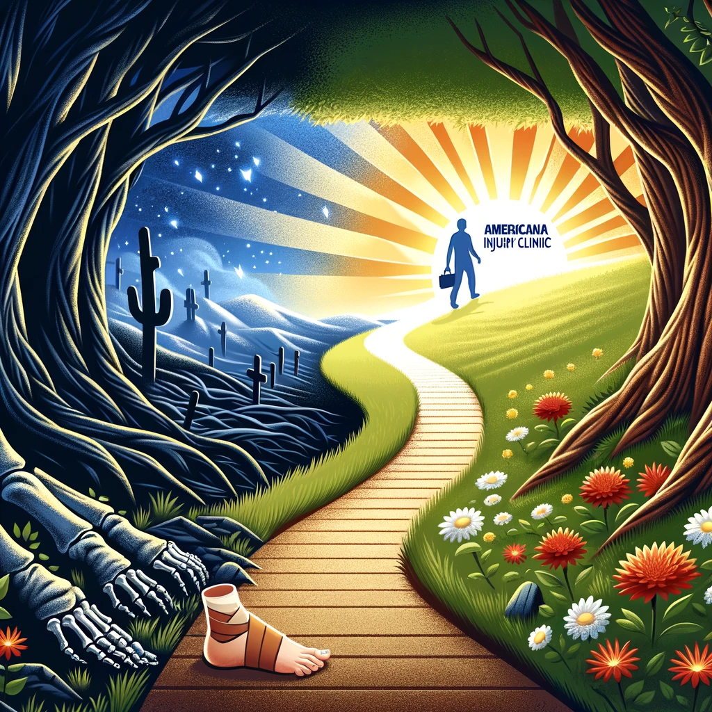 An illustration depicting a pathway leading from a dark, twisted forest representing foot pain and discomfort, towards a serene, sunny clearing symbolizing relief and recovery, with the Americana Injury Clinic as a guiding beacon along the path.