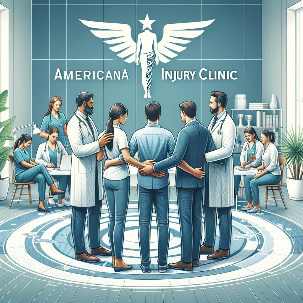 An illustration depicting the compassionate and professional environment of Americana Injury Clinic, showcasing a team of healthcare professionals collaboratively working around a patient, symbolizing comprehensive care and support in injury recovery. The clinic's interior is modern and welcoming, with subtle branding elements that reflect the clinic's commitment to patient-centered care.
