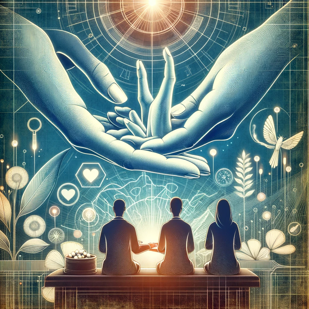 An illustration representing a soothing and healing atmosphere, with imagery of hands being cared for by healthcare professionals, symbolizing recovery and wellness. The setting is serene and professional, depicting the compassionate and expert care provided by a clinic specializing in hand pain relief and recovery.