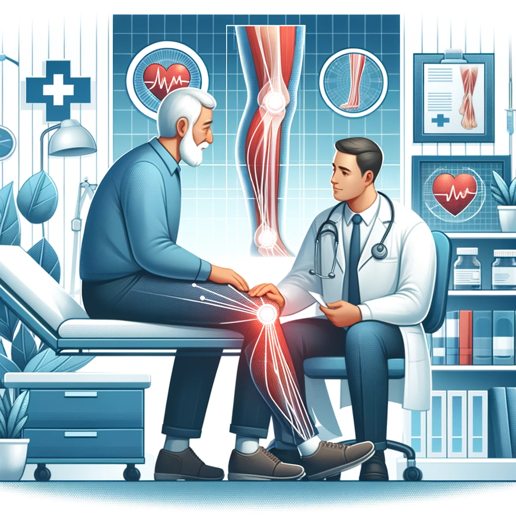 An illustrative representation of leg numbness management in a medical setting, depicting a patient consulting with a healthcare professional in a clinic. The scene should convey a sense of care and expertise, with visible elements like medical charts, a comfortable clinic environment, and a supportive interaction between the patient and the healthcare provider.