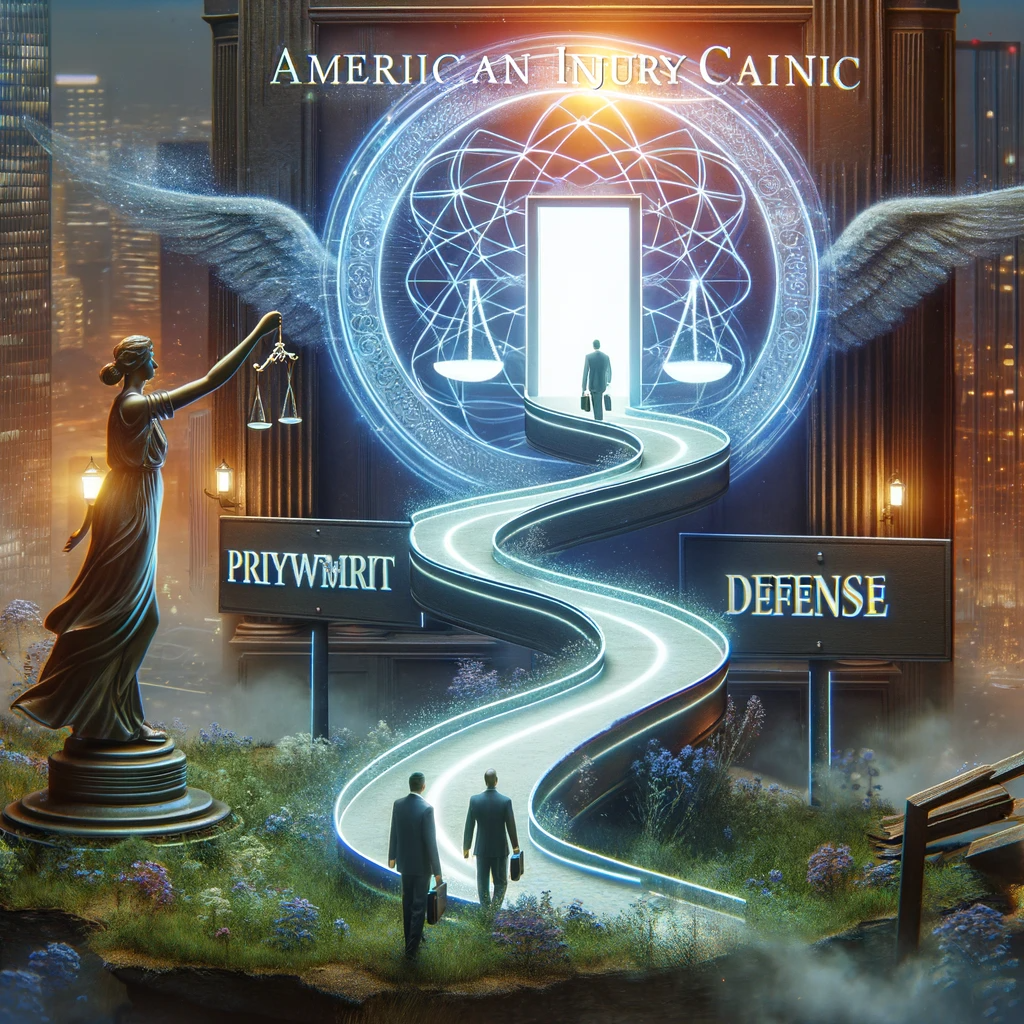 An image depicting the journey of navigating personal injury lawsuits, showcasing a symbolic path that intertwines the roles of plaintiff, defense, and court. The path leads to the doors of Americana Injury Clinic, representing guidance and support. The atmosphere should convey clarity, empowerment, and the intricate interplay between the key players in a personal injury lawsuit, with a professional and insightful vibe.