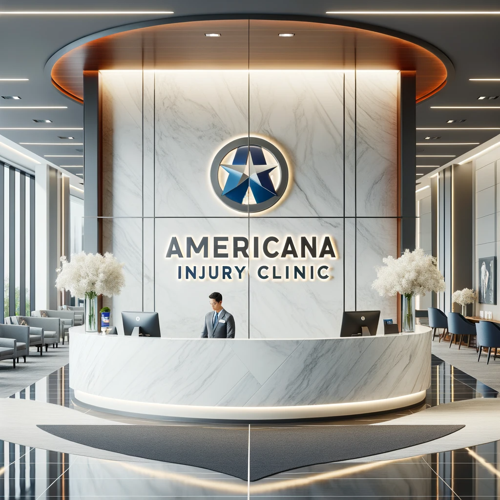 An inviting and modern clinic reception area with the Americana Injury Clinic logo prominently displayed, reflecting a professional and caring atmosphere, located in Houston, Texas.