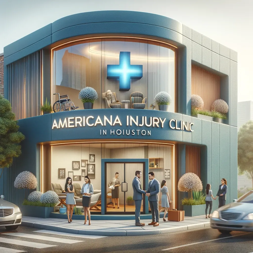 An inviting, modern exterior of Americana Injury Clinic in Houston, symbolizing a safe haven for accident recovery, with a glimpse of healthcare professionals and legal advisors collaborating.