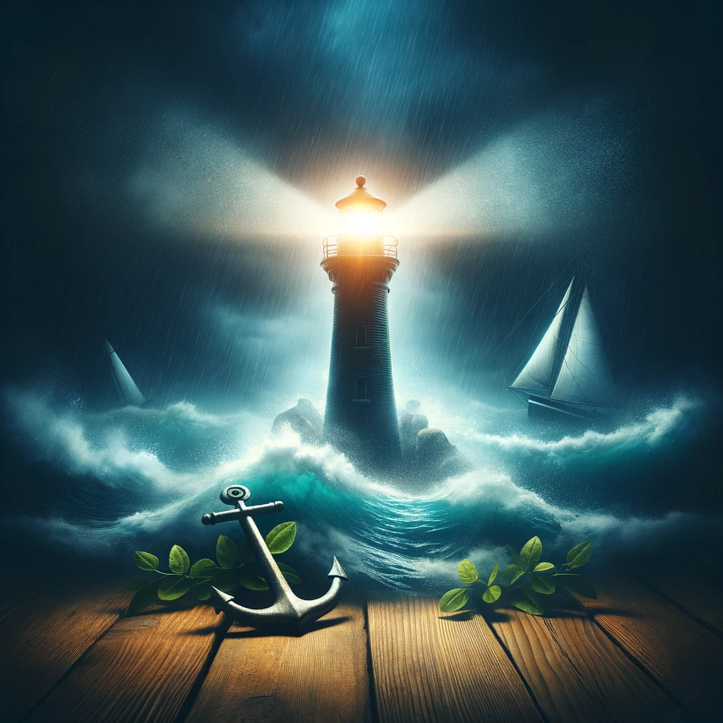 Create an image of a lighthouse illuminating a rough sea, symbolizing guidance and safety amidst the turbulent journey of personal injury claims.