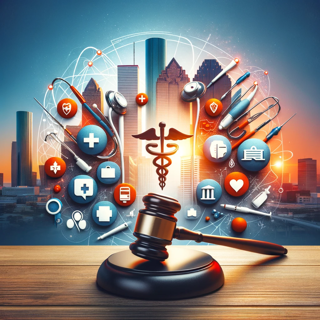 Create an image representing the professional and supportive environment of Americana Injury Clinic, illustrating a sense of care and expertise. Include symbolic elements like a legal gavel, healthcare symbols, and the cityscape of Houston in the background. The image should evoke a feeling of trust, safety, and the comprehensive nature of the clinic's services.