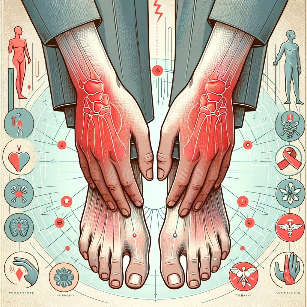 Illustrate the journey from pain to relief, showcasing a pair of hands and feet transitioning from a state of discomfort (represented by subtle red hues or visual indicators of pain) to a state of comfort and well-being (indicated by calming colors or symbols of recovery). Include visual elements that represent the comprehensive care provided by Americana Injury Clinic, such as a medical cross, therapy icons, and a comforting environment.