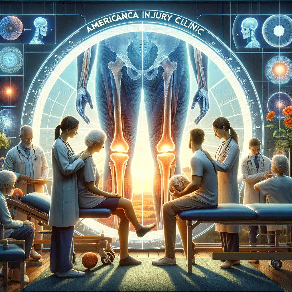 Visualize a compassionate and professional setting where advanced physical therapy is provided to patients recovering from tibial plateau fractures. The image should reflect the warmth and dedication of the Americana Injury Clinic staff, showcasing their commitment to personalized patient care and rehabilitation.