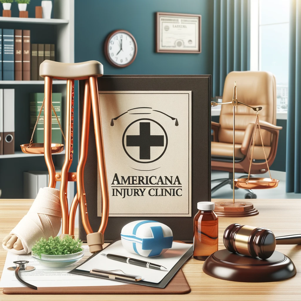 A professional and comforting clinic environment with symbols of recovery like crutches and a medical kit, and legal support such as a gavel and a legal document, embodying the comprehensive care and support provided by Americana Injury Clinic.