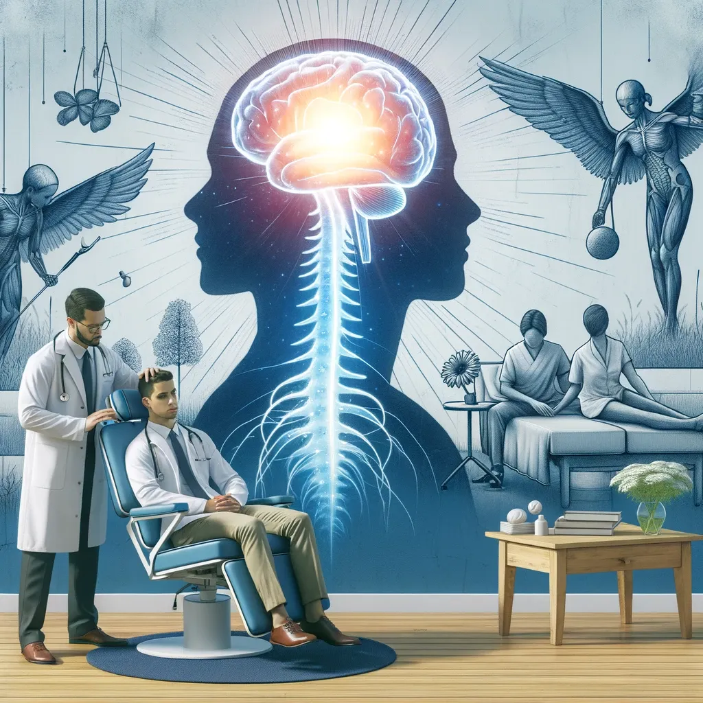 Visualize a serene and professional setting of Americana Injury Clinic, highlighting the comforting environment and the expert chiropractors in action, symbolizing hope and healing for migraine sufferers.