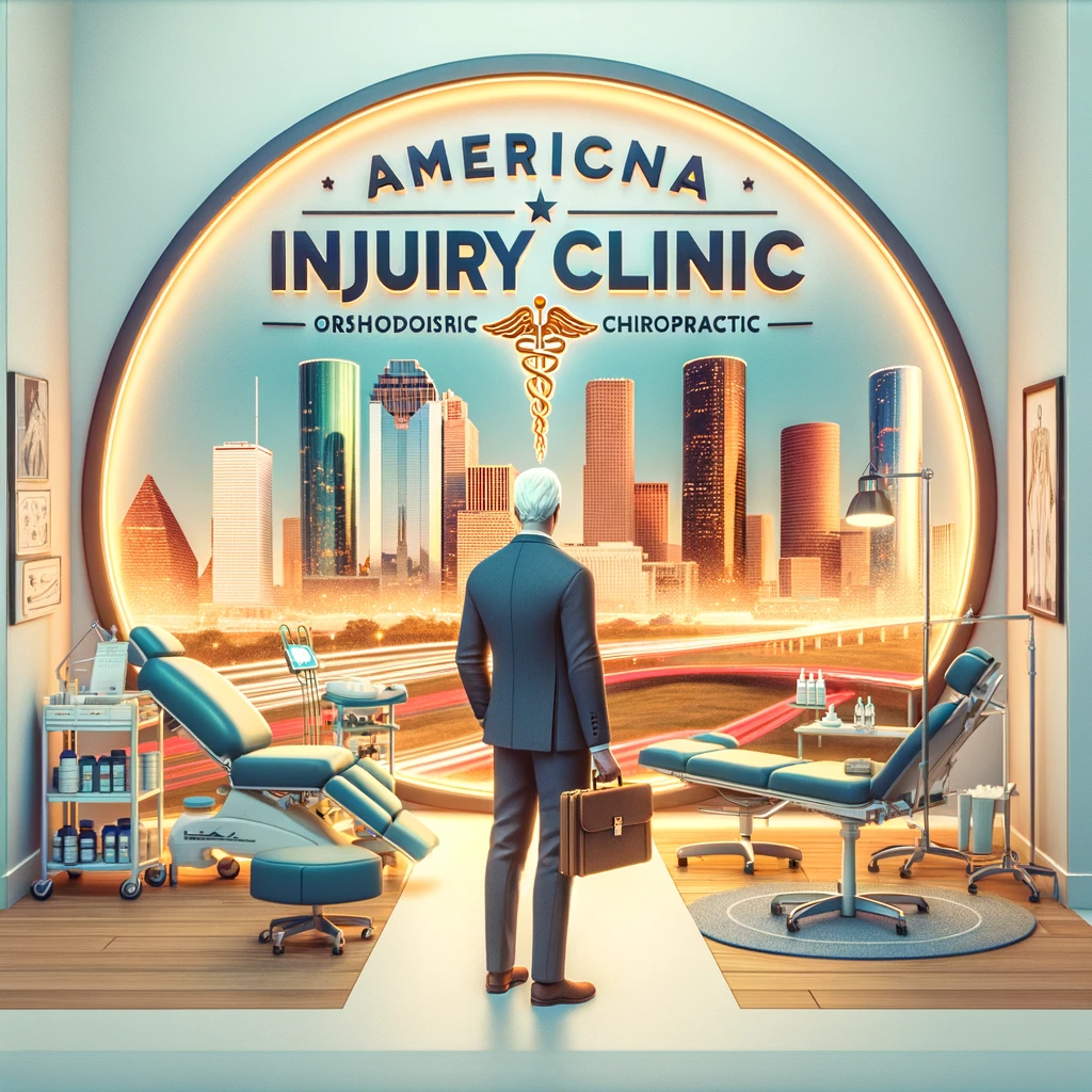 Create an image of a comforting and professional medical clinic with a focus on orthopedic and chiropractic services, showcasing a welcoming atmosphere and state-of-the-art equipment. Include a sign with the name 'Americana Injury Clinic' and a background of the Houston skyline.