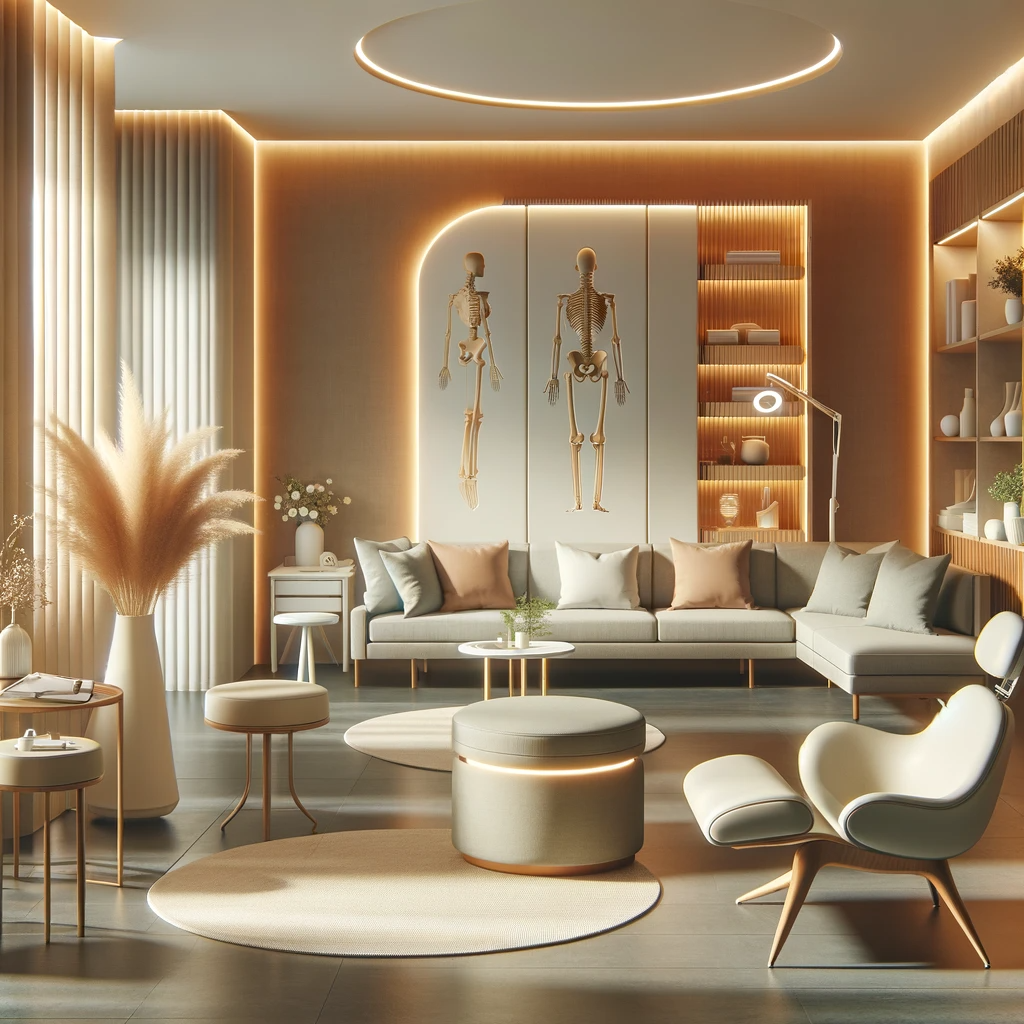 Create an image showcasing a tranquil and professional chiropractic clinic interior, with soft lighting, modern furniture, and elements reflecting the holistic approach to health. Include visuals of chiropractic equipment, a comforting waiting area, and subtle hints of the clinic's branding.