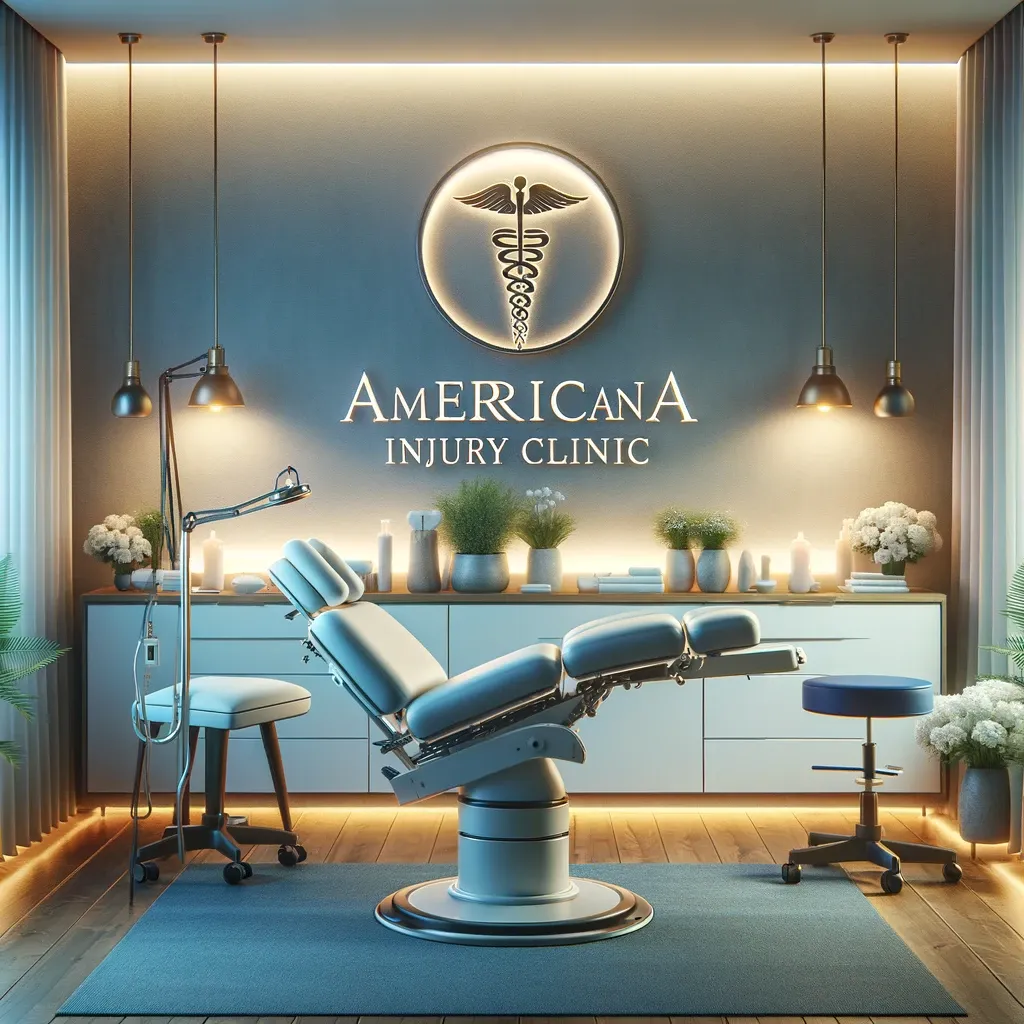 Create an image that depicts a serene and professional chiropractic treatment room with modern equipment and comforting ambiance, subtly incorporating the logo of Americana Injury Clinic. The image should convey a sense of trust, health, and professionalism, resonating with the theme of expert chiropractic solutions for neck pain relief.
