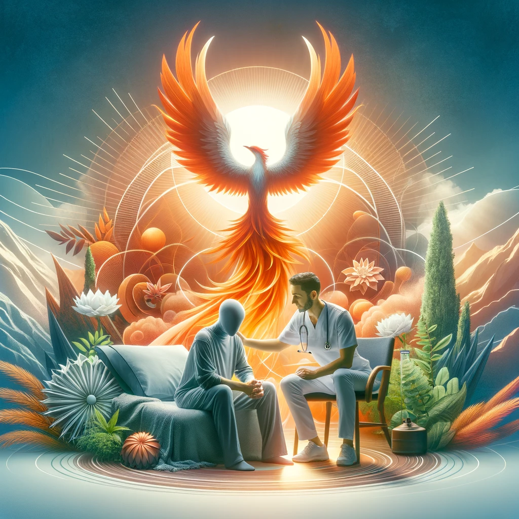 A serene, comforting environment that represents recovery and care, incorporating elements of the Americana Injury Clinic's services like a compassionate healthcare professional consulting with a patient, symbolic imagery of recovery (such as a phoenix rising), and a backdrop that conveys a message of hope and renewal.
