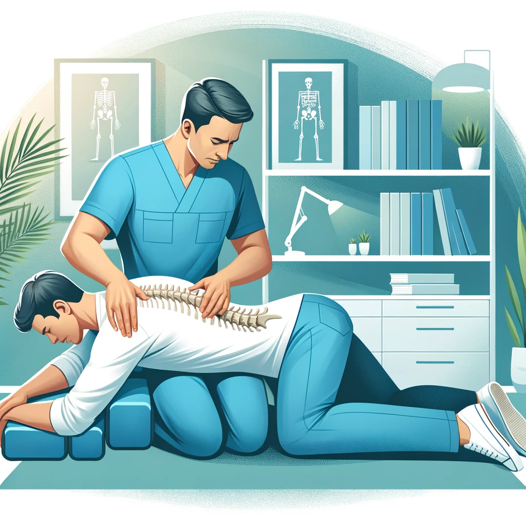 an illustration showcasing a professional chiropractor performing a spinal adjustment on a patient with back pain
