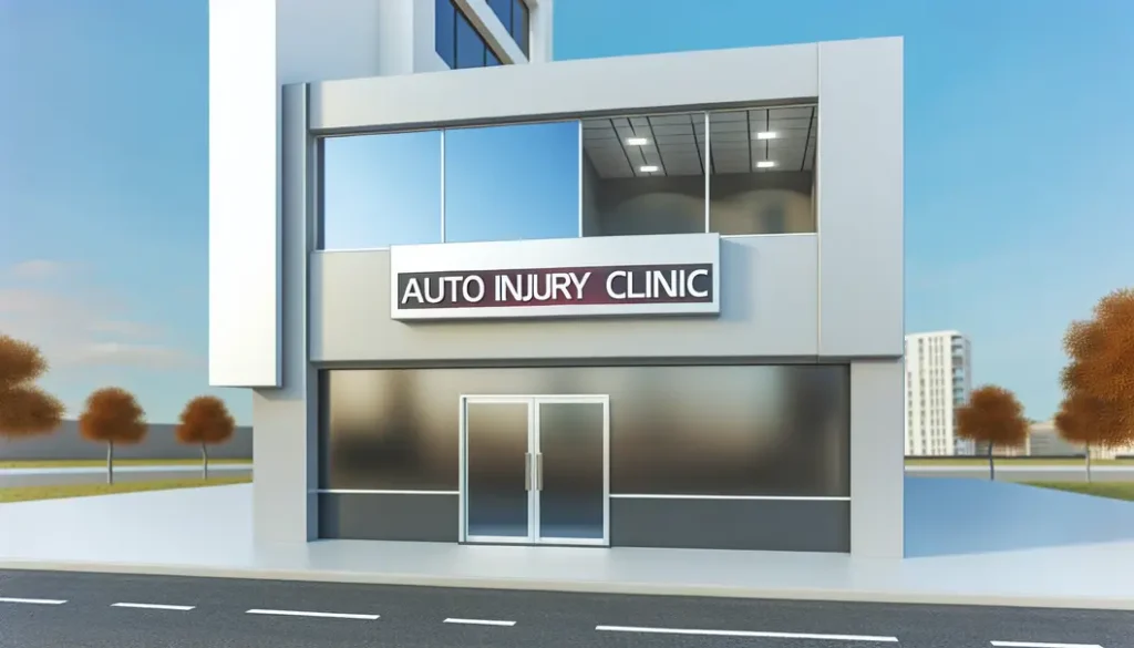 Photo-realistic exterior image of an auto injury clinic building, highlighting a modern, professional healthcare facility.