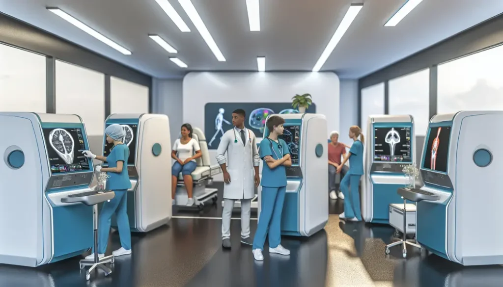 Modern medical professionals working with advanced diagnostic equipment in a state-of-the-art clinic.