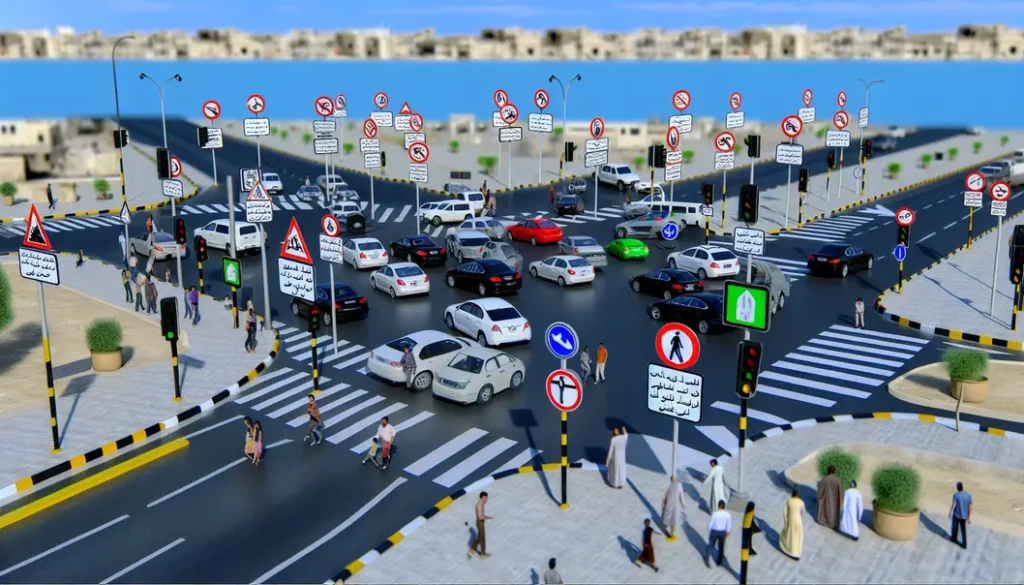 A busy city intersection with cars, pedestrians, and safety signs emphasizing road safety and accident prevention.