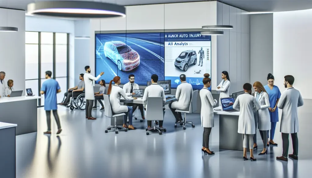Doctors and staff at an auto injury clinic analyzing AI-based accident data and reconstructions.