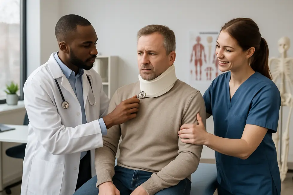Healthcare professionals delivering care to an auto injury patient in a contemporary clinic environment.