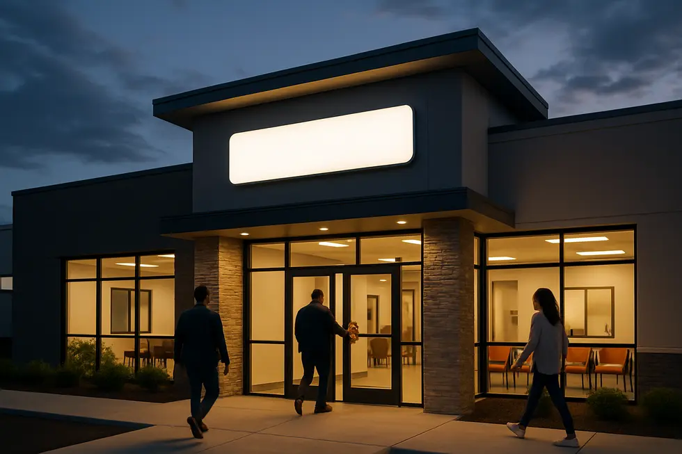 The exterior of an auto injury clinic building with signage and patients entering for treatment.