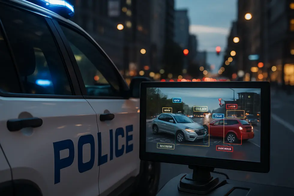 Photo-realistic image of law enforcement analyzing dashcam footage with data overlays at a city setting.