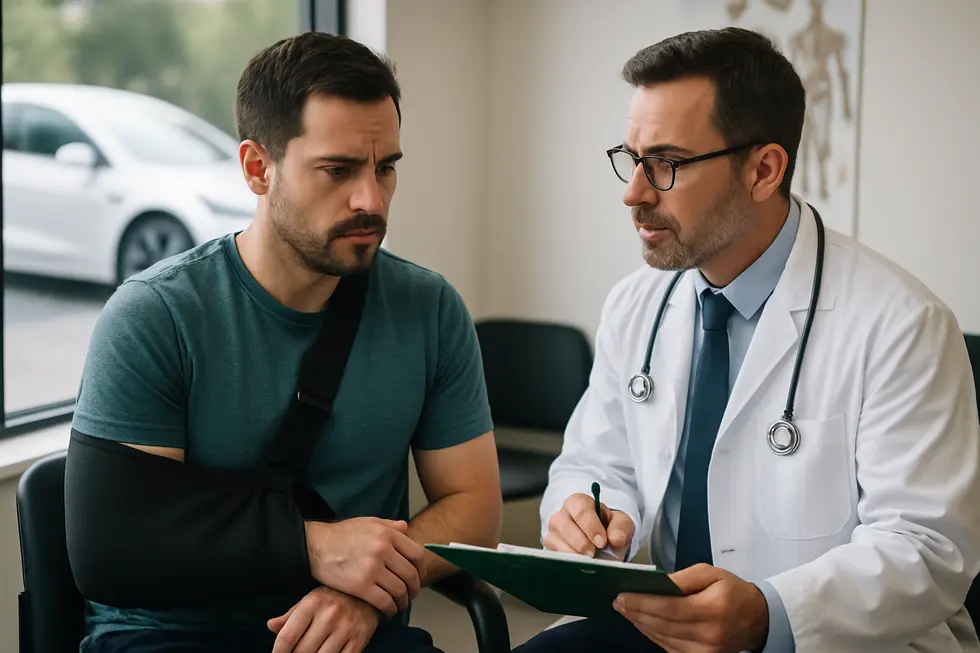 A realistic photo of a person receiving injury assessment and consultation at an auto injury clinic.