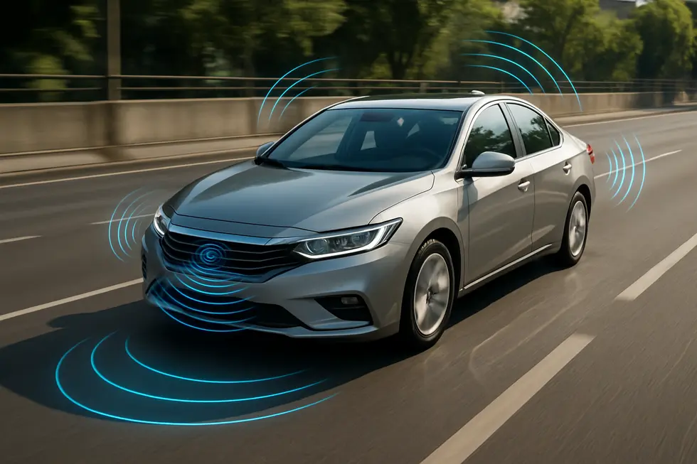 Photo-realistic image of a car with advanced safety tech on a road scene.