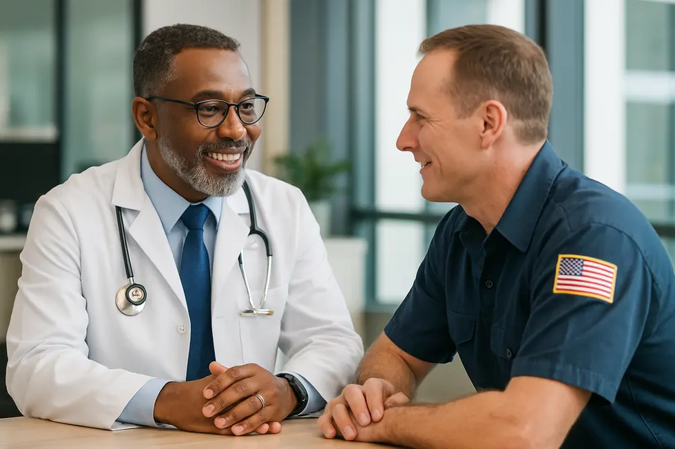 Federal workers comp doctor consulting with an injured federal employee in a modern clinic