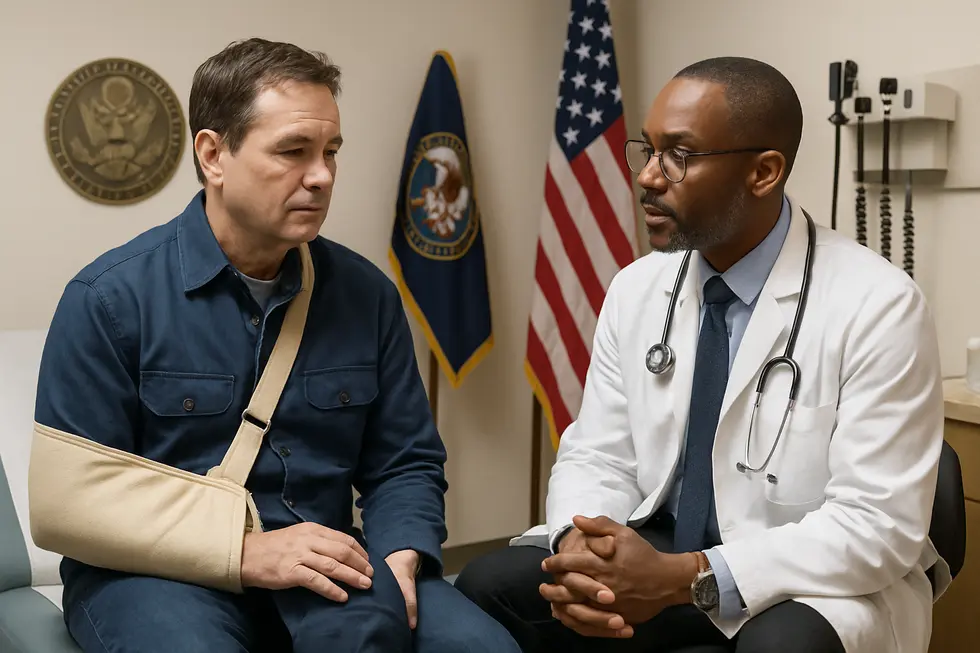 Federal worker discussing injury with a licensed doctor in a clinical setting, highlighting effective healthcare support.