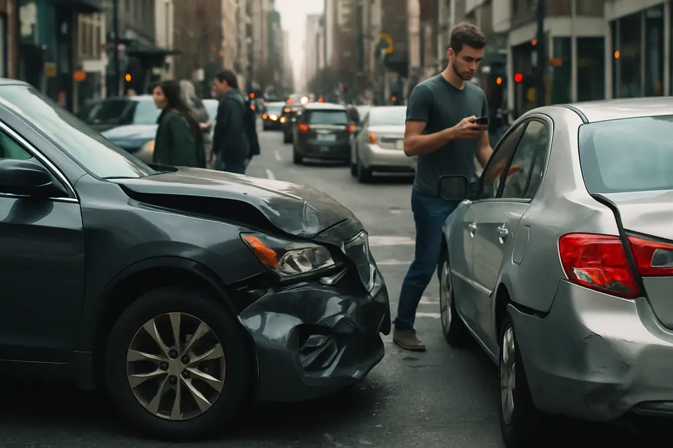 City street with multiple vehicles and pedestrians, illustrating the impact of distracted driving on accidents and injuries.