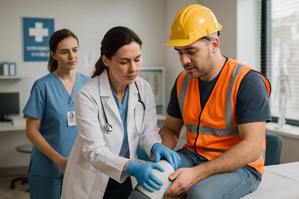 A worker being treated for a work-related injury by healthcare professionals in a clinical environment.